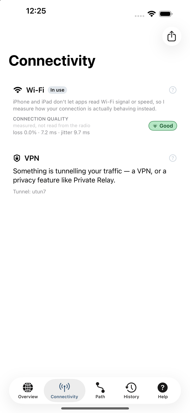 The Connectivity tab showing Wi-Fi quality measured as loss, latency and jitter, plus a detected VPN tunnel.