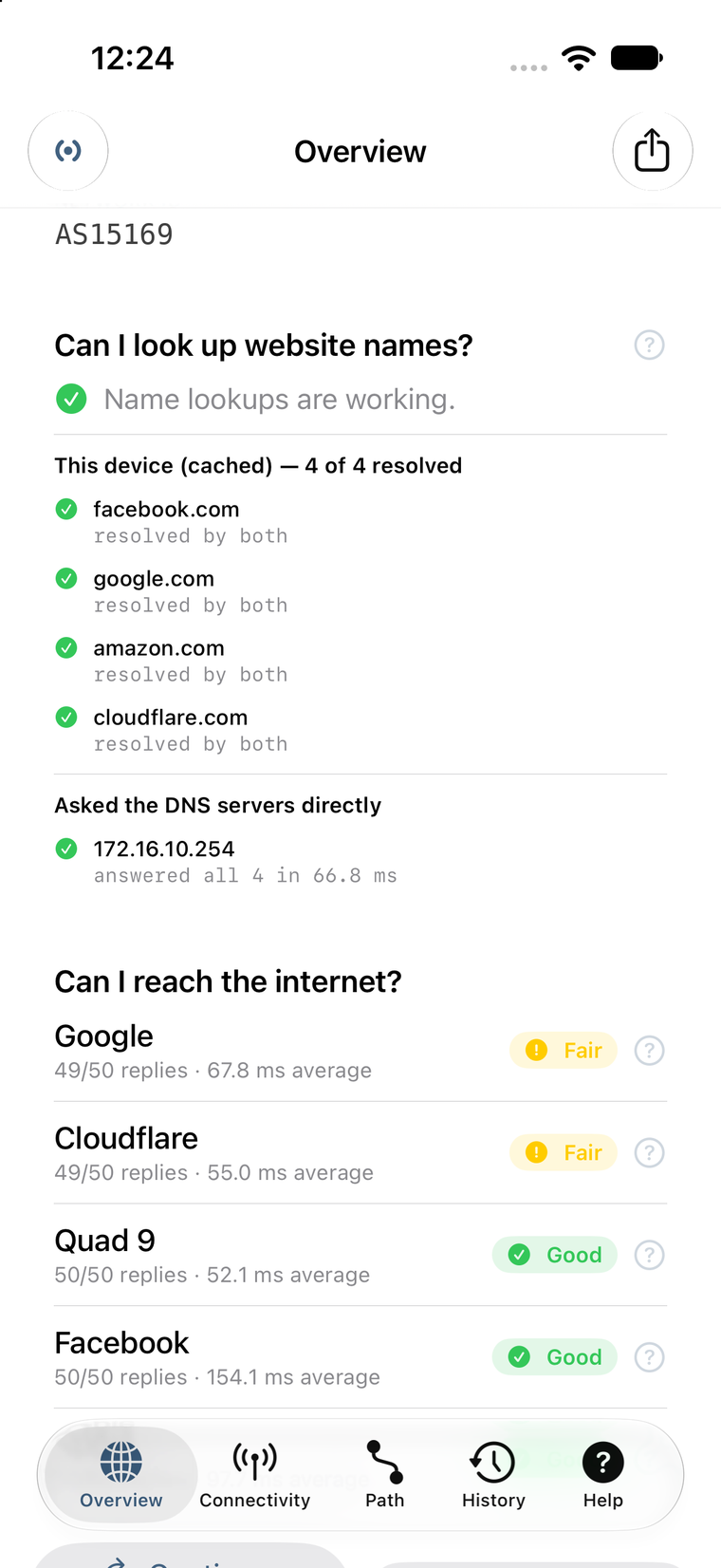 Reachability results with two destinations rated Fair and the rest Good, each showing replies received and average response time.